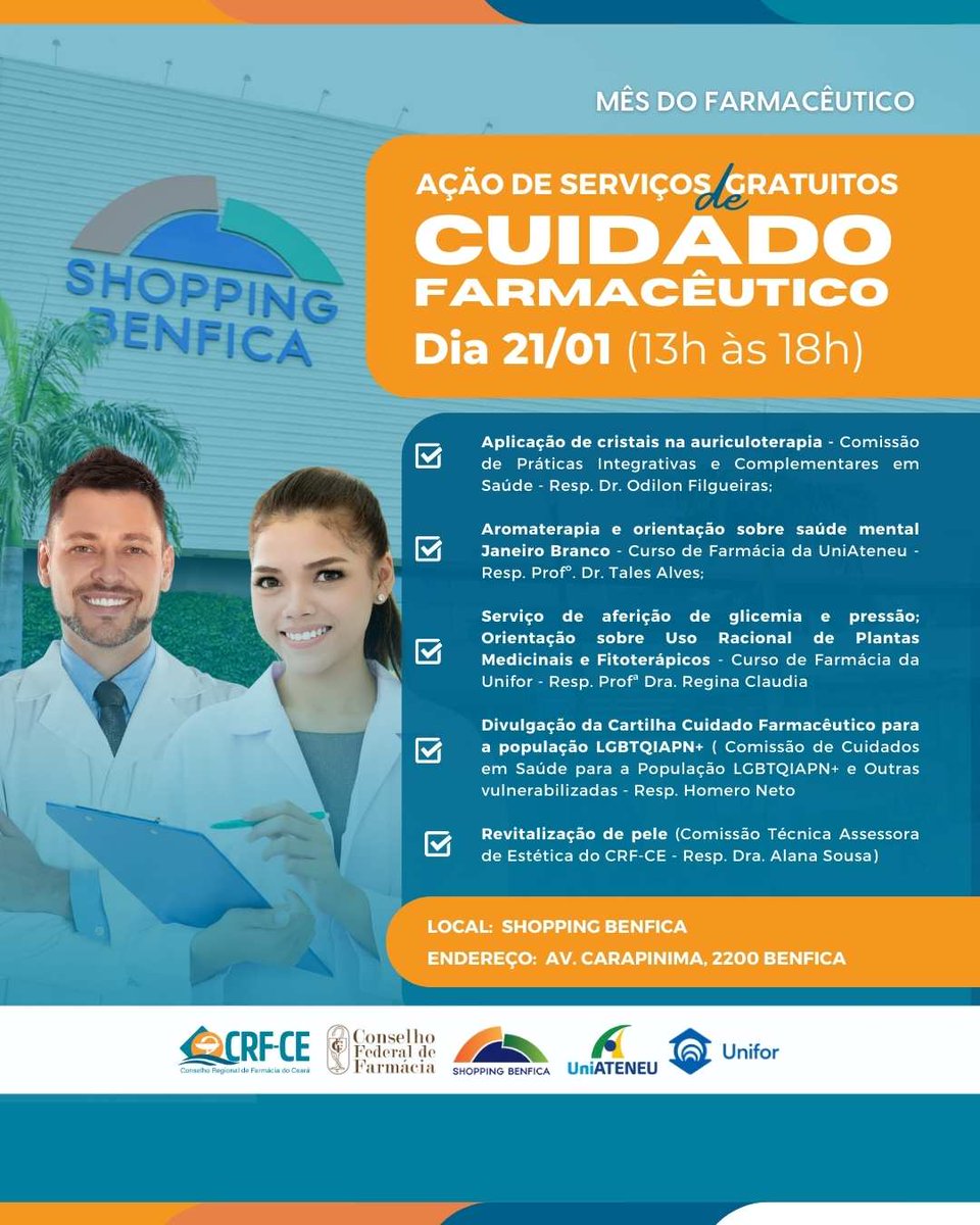 Ação de Serviços Gratuitos de Cuidado Farmacêutico no Shopping Benfica - Dia do Farmacêutico

Participe e aproveite esses serviços voltados ao cuidado com a saúde e o bem-estar! ✨