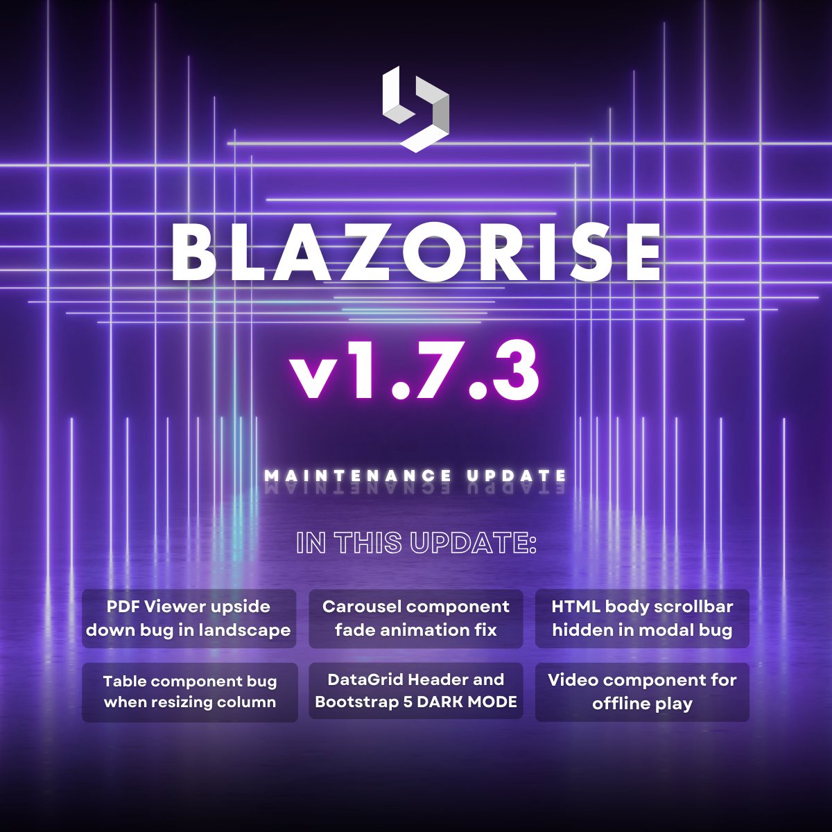 Blazorise's tweet photo. [UPDATE] Blazorise v1.7.3 is out! This maintenance update includes key bug fixes, DARK MODE for Data Grid headers &amp; Offline Play for BS 5 + Video Component offline feature!

Release notes: https://t.co/40My2iuPxY

#blazor #components #blazorise #dotnet #csharpdotnet #programming https://t.co/Tc2JjvDrd4
