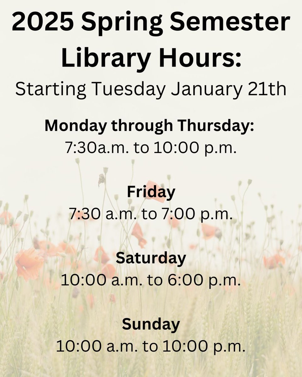 Welcome Back students!  Please see changes (weather related, spring break, etc.) to these hours on our webpage: sru.edu/academics/bail…