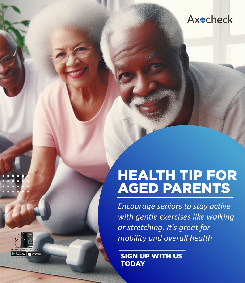 axocheck's tweet photo. "Age is just a number—keep moving! 🌟 Encourage the seniors in your life to stay active with gentle exercises like walking or stretching. It’s the key to mobility, vitality, and overall health. 🚶‍♂️🧘‍♀️ #StayActive #HealthyAging #AxocheckCares" https://t.co/0JNYyMU3bc