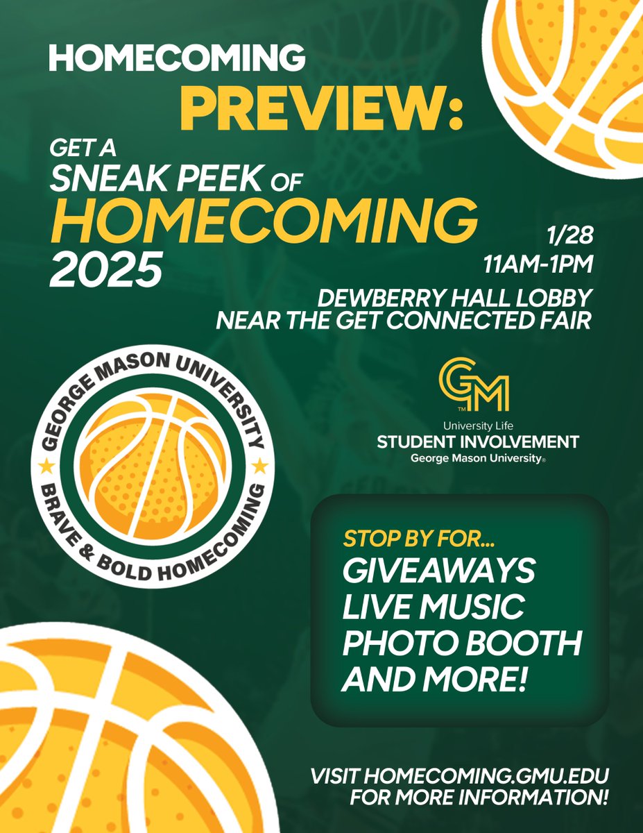 🏀 Sneak peek alert! Join us on 1/28 from 11 AM - 1 PM at the Dewberry Hall Lobby for a taste of Homecoming 2025 with live music, giveaways, and more! 🎉 Don’t miss it! 💚💛