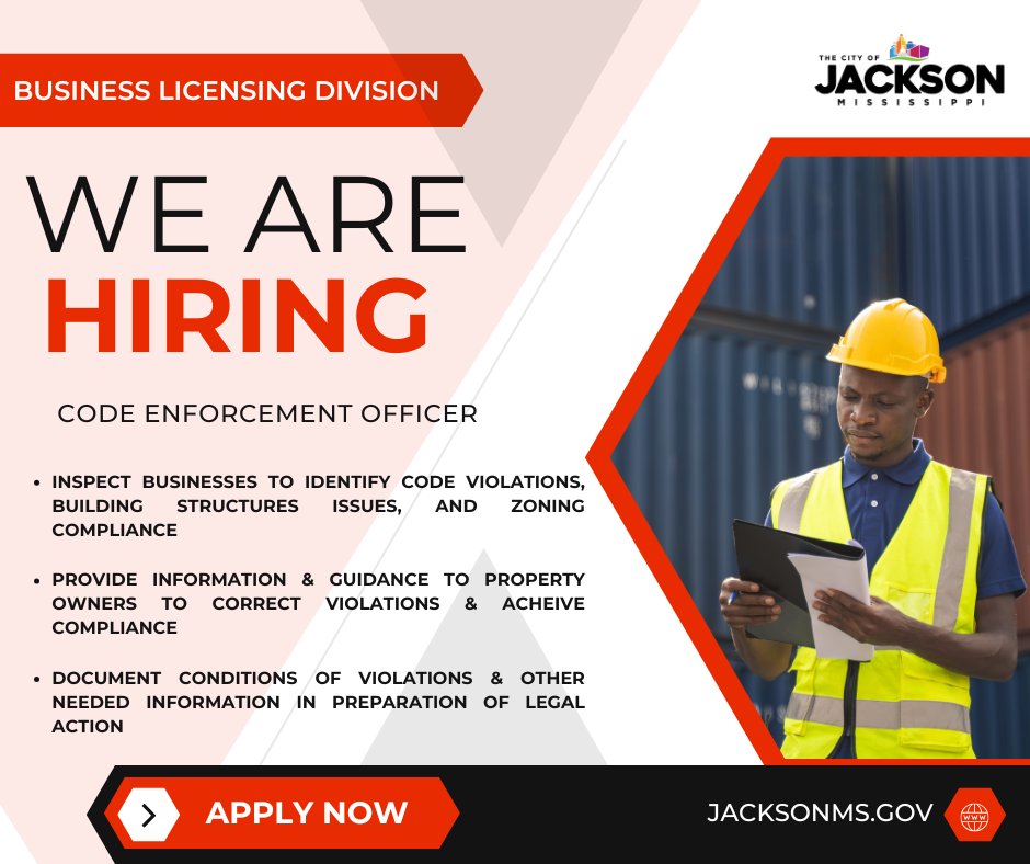 jxnplanning's tweet photo. We are hiring Code Enforcement Officers to help improve community standards, and play a critical role in fostering a thriving environment for our businesses. Visit https://t.co/FEER3mBrwN to apply. #WeAreHiring #PlanningAndDevelopment #JacksonMississippi https://t.co/b0YYWj8nYt