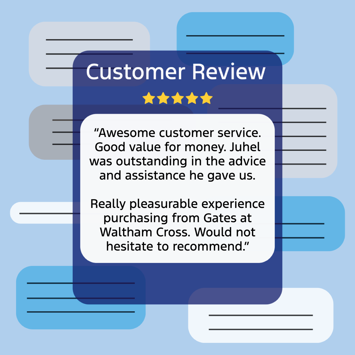 We're excited to share a recent review for our Sales Executive, Juhel! 💙 We'd love to hear your feedback if you have visited one of our Gates dealerships or Transit Centres!

#CustomerFeedback #CustomerReviews #ThankYou #GatesFord