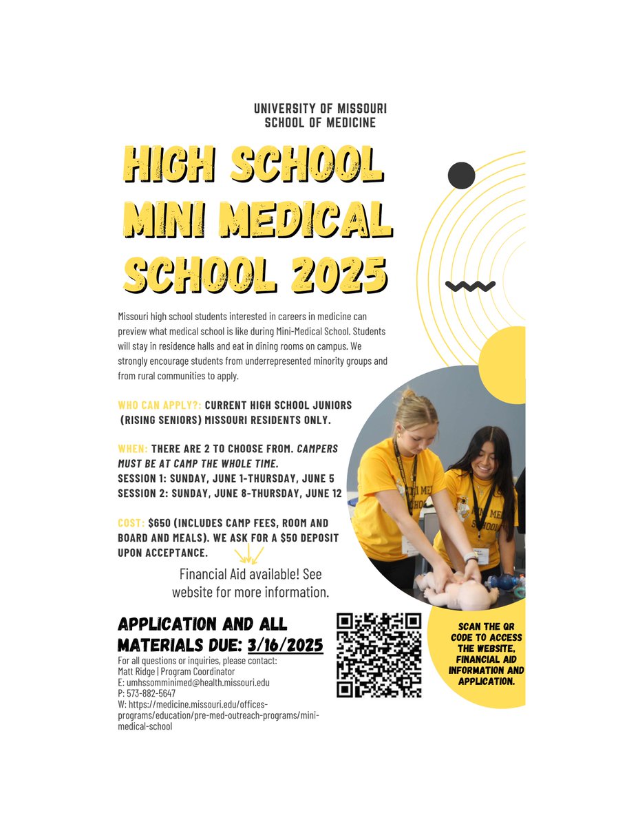 Hey Juniors, are you interested in a career in the medical field? 👩‍⚕️👨‍⚕️🧬 Then you should apply for MU's Mini Medical School program for the summer!! You'll see what it's like to live on campus and get hands-on experience. Some scholarships are available so be sure to apply soon!