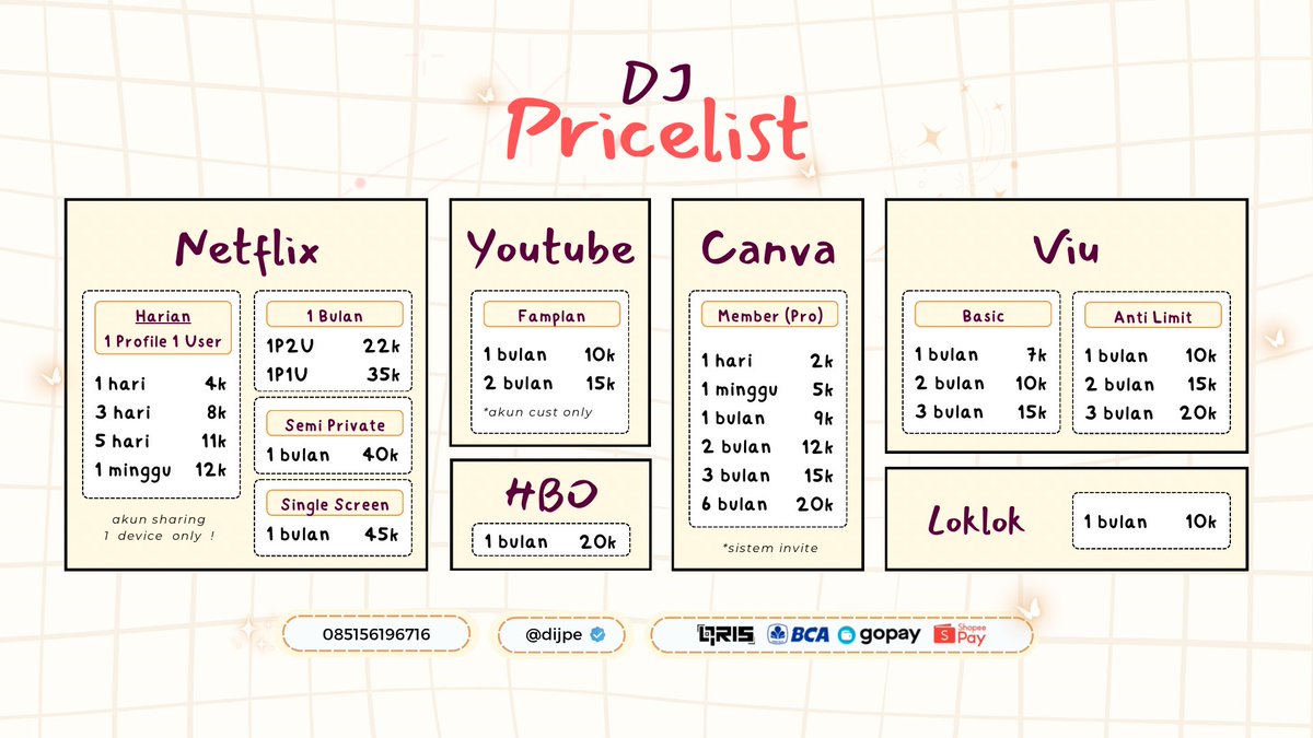 OPEN WTS WTB JUAL BELI ORDER SEWA READY AKUN NETFLIX CANVA VIU YOUTUBE PREMIUM HBO MAX LOKLOK HARIAN SEBULAN MURAH 💝
#zonauang 

☎️ : s.id/chatDJ