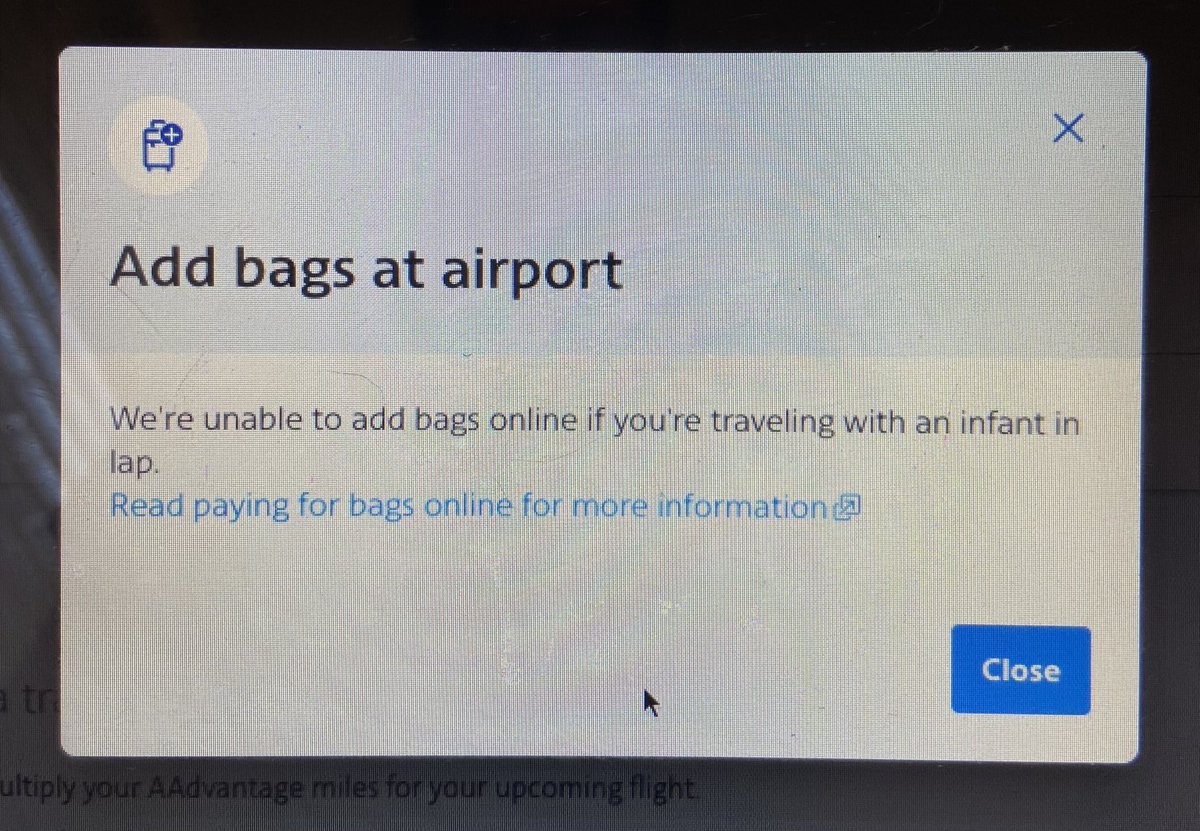 Hey <a href="/AmericanAir/">americanair</a> what kind of garbage is this? Traveling with an infant and I can’t pre-pay for baggage? As if it’s not difficult enough now we have to add this to our plate? Someone explain it to me