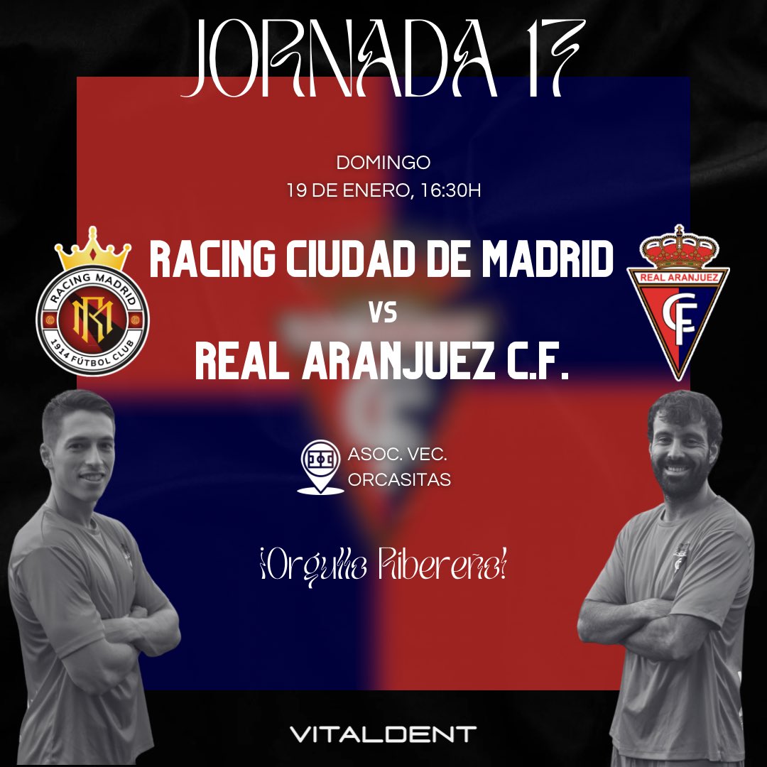 📰 PREVIA

✈️ 90 minutos para asaltar la primera plaza en el cierre de la primera vuelta

🆚 <a href="/RacingMadridFC/">Racing Madrid 1914 F.C.</a> 
🗓️ 19 de enero.
⏰ 16:30h.
🏟️ Asoc. Vec. Orcasitas

📲 realaranjuezcf.es/es/news/previa…

#VamosAranjuez #OrgulloRibereño