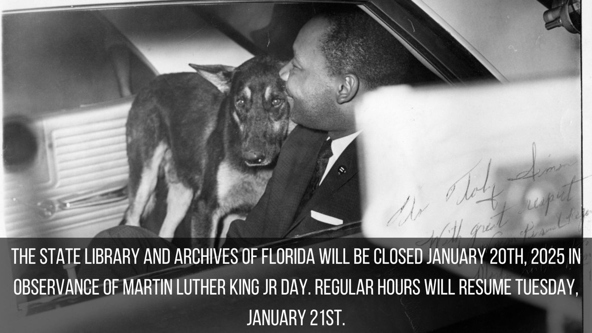 StateLibraryFL's tweet image. The State Library and Archives of Florida will be closed today in observance of #MartinLutherKingJrDay. Learn about his journey in Florida during this time on the @FLMemory resource page here: floridamemory.com/items/show/332…