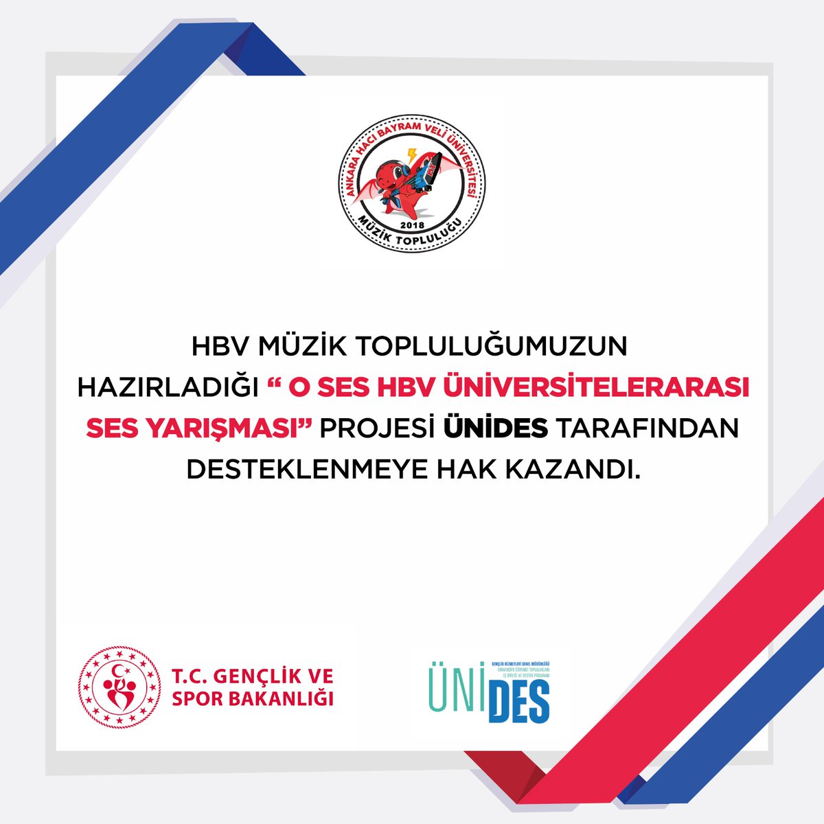 HBV Müzik Topluluğu tarafından hazırlanan “O Ses HBV Üniversitelerarası Ses Yarışması” projesi, T.C. Gençlik ve Spor Bakanlığı ÜNİDES tarafından desteklenmeye hak kazandı. Projenin hazırlanmasında emeği geçen öğrencilerimizi tebrik ederiz.

🔗hacibayram.edu.tr/web/hbv-muzik-…
