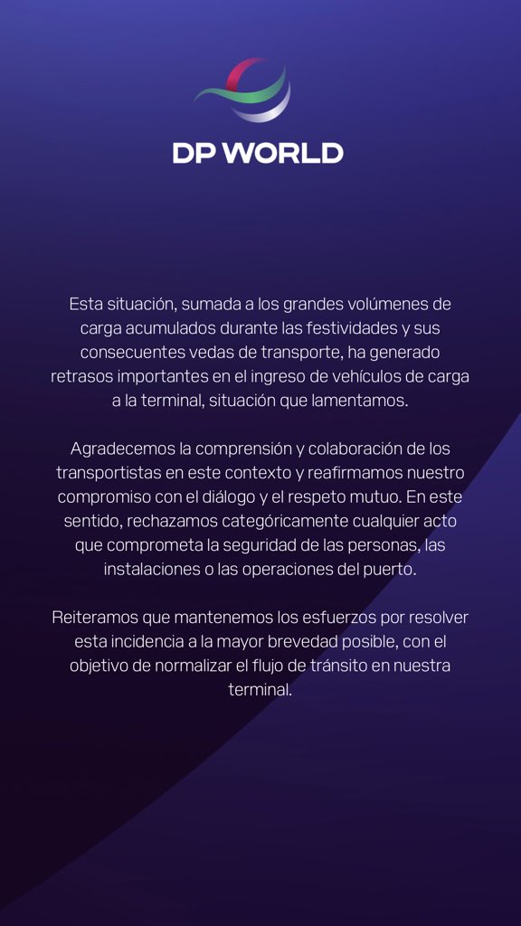 DP World Dominicana (@dpworlddom) on Twitter photo Comunicado oficial DP World Dominicana ante la manifestación de transportistas en las afueras de Caucedo el día de ayer 16 de Enero 2025
#DPWorldDominicana #SomosDPWorldDominicana #DPWorld Comunicado oficial DP World Dominicana ante la manifestación de transportistas en las afueras de Caucedo el día de ayer 16 de Enero 2025
#DPWorldDominicana #SomosDPWorldDominicana #DPWorld