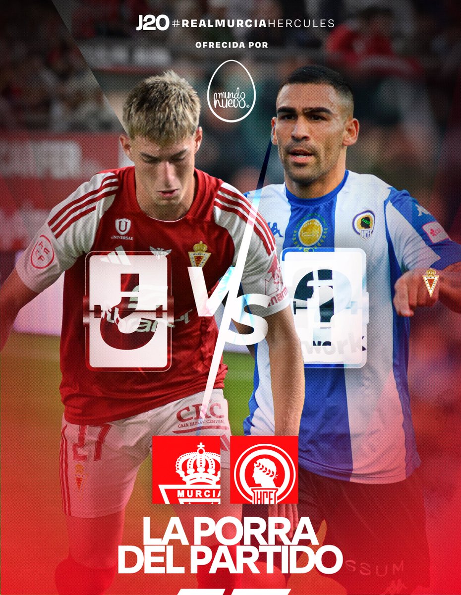 ¡Participa en la 𝑳𝒂 𝑷𝒐𝒓𝒓𝒂 𝒅𝒆𝒍 𝑷𝒂𝒓𝒕𝒊𝒅𝒐 con <a href="/Mundohuevo_es/">Mundohuevo</a>! 

🔮 Adivina el resultado y los goleadores del #RealMurciaHércules, RT a la publicación y sigue a <a href="/Mundohuevo_es/">Mundohuevo</a> ¡para ganar un premio! 🎁 

📝 Solo tienes que responder a nuestra publicación en Twitter