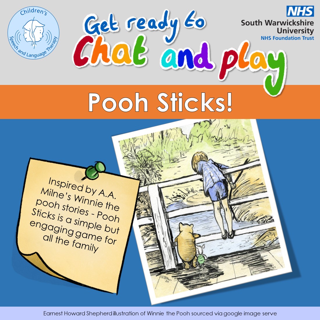 WarwickshireSLT's tweet image. It&apos;s Chat and Play Friday
Tomorrow is Winnie the Pooh Day - what a great opportunity to think about how we can use a game of &quot;pooh sticks&quot; to support speech, language and communication skills.

#gamesfortalking #chatandplay
@nhsswft  @RCSLT  @WarksFIS @Warwickshire_CC