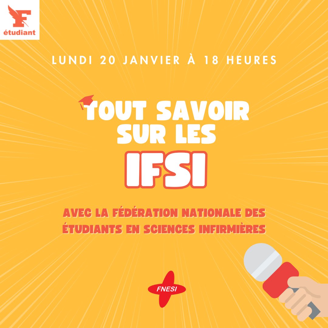 Figaro_Etudiant's tweet image. 📣 Rendez-vous le lundi 20 janvier à 18 heures pour un live spécial IFSI ! 📣

Nous serons, en direct, avec un représentant de la FNESI (Fédération Nationale des Étudiants en Sciences Infirmières), autour de la thématique : Tout savoir sur les IFSI.

🤝 Nous répondrons à toutes…