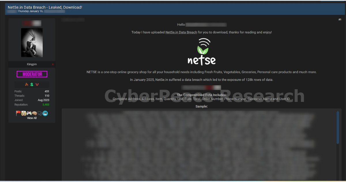 Cyberpeace_r's tweet photo. 🚨#DataBreach Alert ⚠️: Allegedly, in Jan 2025, Netse🇮🇳, an online grocery shop, suffered a data breach exposing 128k rows of data. Claimed data includes customer names, address, phone numbers, order details etc.
Stay Vigilant 🔐🛡️
#CyberPeace #Cybersecurity #CyberPeaceAlert https://t.co/sqplEpNYJ6