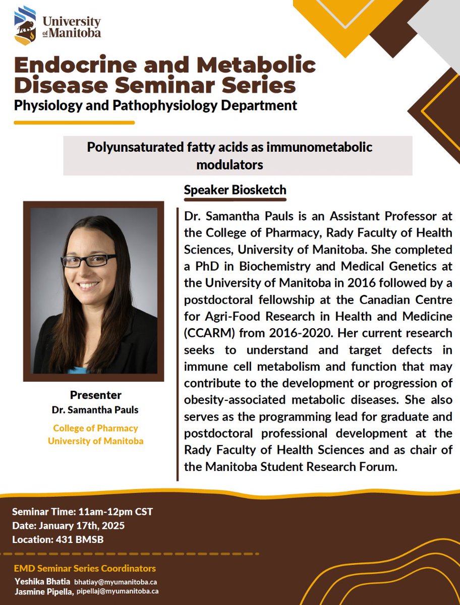 DREAM Trainees (@dream_trainees) on Twitter photo Join us today for the EMD Seminar featuring DREAM PI <a href="/pauls_samantha/">Samantha Pauls</a>, presenting: “Polyunsaturated fatty acids as immunometabolic modulators.”
🗓️ Date: Friday, Jan. 17, 2025
⏰ Time: 11:00 AM CST
📍 Venue: 431 BMSB
More info below! ⬇️ <a href="/DREAM_diabetes/">DREAM_Theme</a> Join us today for the EMD Seminar featuring DREAM PI <a href="/pauls_samantha/">Samantha Pauls</a>, presenting: “Polyunsaturated fatty acids as immunometabolic modulators.”
🗓️ Date: Friday, Jan. 17, 2025
⏰ Time: 11:00 AM CST
📍 Venue: 431 BMSB
More info below! ⬇️ <a href="/DREAM_diabetes/">DREAM_Theme</a>