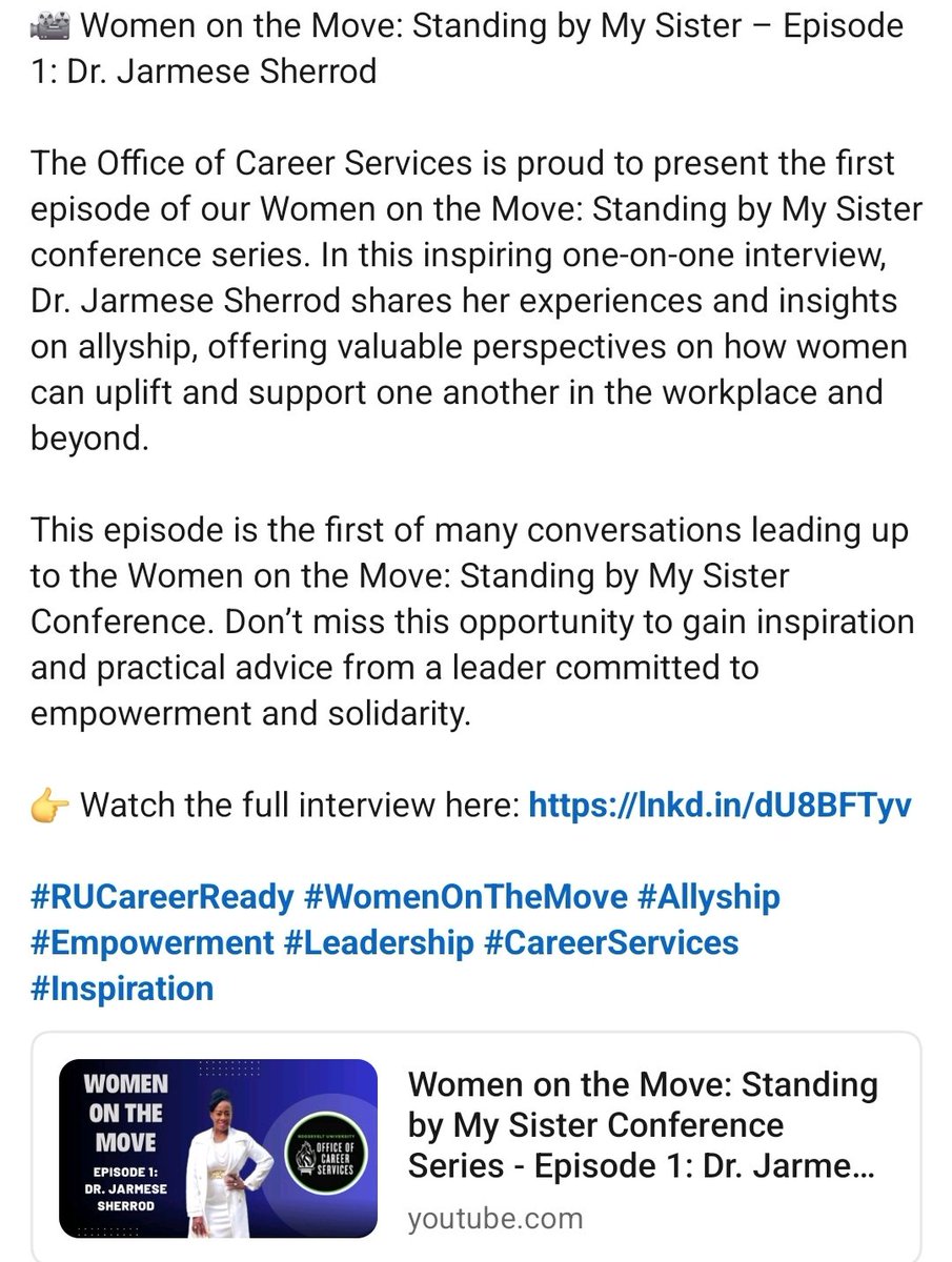 Women on the Move Full interview: youtu.be/H5rA1G4dpHI?si…

Roosevelt University, Office of Career Services, 
thank you for sharing the entire video. I want to thank Caress Okeke M.A. for interviewing me and Carlos Martinez for his media production skills. I loved the video❣️