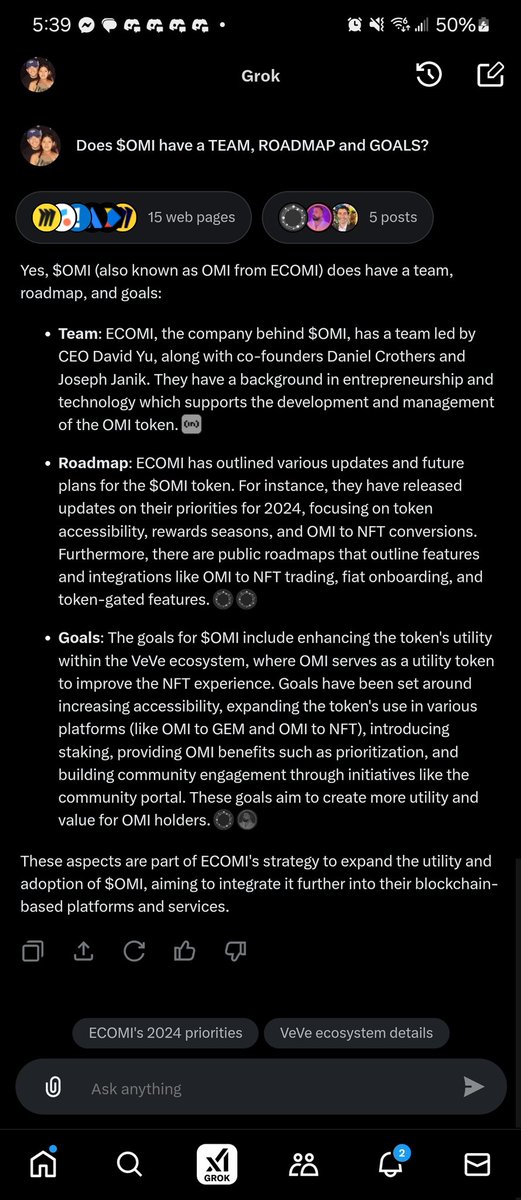 IIIRICANIII's tweet photo. Just ask Grok... Grok is never wrong.
Does $omi have a TEAM, ROADMAP and GOALS.
Is $omi a pump and dump coin.
Is $omi garbage.
Has the ecomi team given any reason to be bullish on $omi.
I asked already (see attached)
Goodbye for now, FUDsters! 🫡
#VeVe #Ecomi
#VeVeFam #EcomiFam https://t.co/o2twPkSUZp