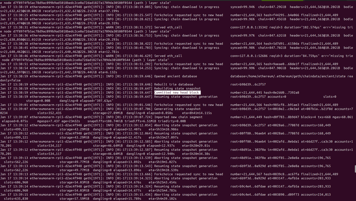 First #Ethereum Full Node sync on a Raspberry Pi 5 running @go_ethereum +  @prylabs Prysm. It took around 19h and 1.1 TB of database size. HW:  ✓@Raspberry_Pi 5 16 GB RAM ✓4