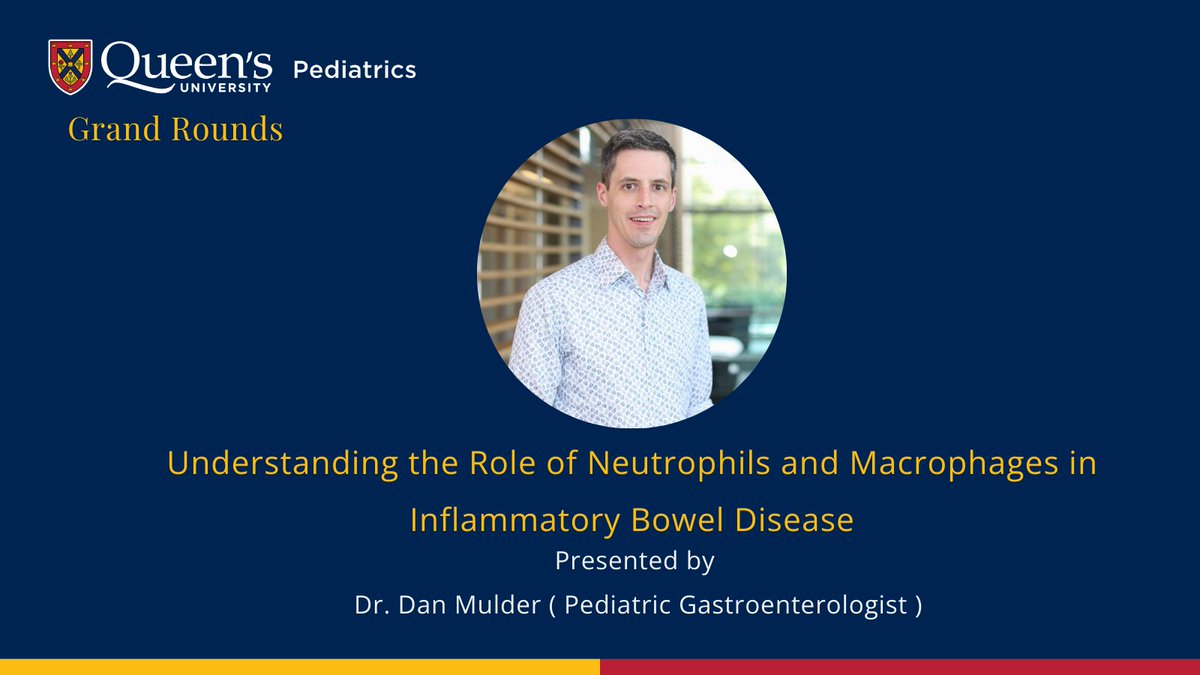 Pediatrics @ Queen's (@queenspeds) on Twitter photo Join <a href="/QueensPeds/">Pediatrics @ Queen's</a> as Dr. Daniel Mulder presents Grand Rounds titled "Understanding the Role of Neutrophils and Macrophages in Inflammatory Bowel Disease."
Tuesday January 21, 2025
8:00am - 9:00am
Email - Stephanie.Pilszak@kingstonhsc.ca to join Join <a href="/QueensPeds/">Pediatrics @ Queen's</a> as Dr. Daniel Mulder presents Grand Rounds titled "Understanding the Role of Neutrophils and Macrophages in Inflammatory Bowel Disease."
Tuesday January 21, 2025
8:00am - 9:00am
Email - Stephanie.Pilszak@kingstonhsc.ca to join