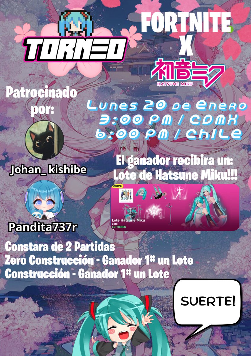 Pandita737r's tweet photo. Holi! Este lunes, a las 3 pm (hora CDMX), haré un torneo en mi canal de Twitch junto con @Johan_kishibe 
Pueden ganarse el bundle completo de miku! 
#Fortnite #vtuber #twitch https://t.co/e9SI5olsN3