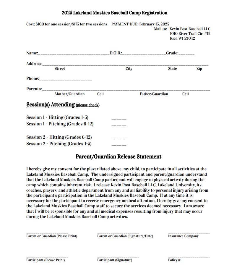 The Lakeland Muskies are hosting a youth baseball camp.  Please see the details in the photos and reach out if you have any questions.