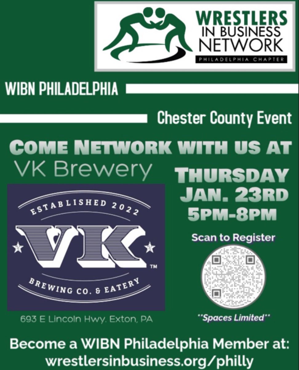 There is still time to register for our Chester County event on January 23rd!

No cost for WIBN Philly members and any guests interested in joining the chapter! 
 
Limited space available!

#WrestlersHelpingWrestlers