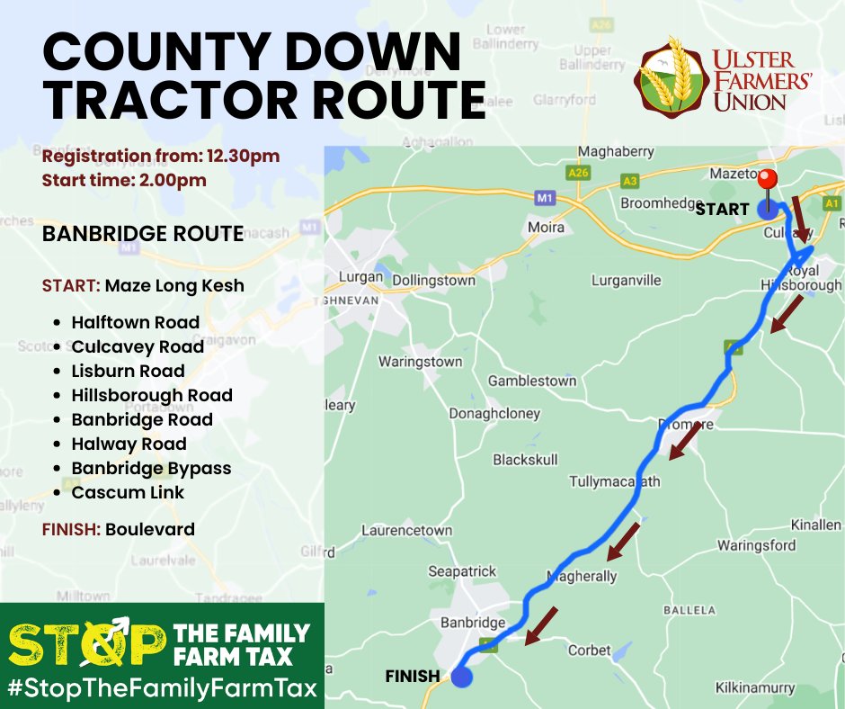 UFU tractor rallies in protest against the inheritance tax changes - Down Banbridge route ‼️
📅 Sat 25 January
⏰ Registration for each rally will begin at 12.30pm.
📍 The tractor rallies will leave the starting point at 2pm.
Any questions contact your local group📞