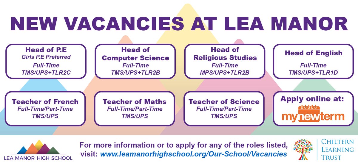 Don't miss the chance to join our wonderful teaching team, applications close Wednesday 22nd January at 12pm.

Apply for these great opportunities to join our school online now via <a href="/mynewterm/">MyNewTerm</a> leamanorhighschool.org/Vacancies/

<a href="/ChilternLT/">Chiltern Learning Trust - Bedfordshire</a>