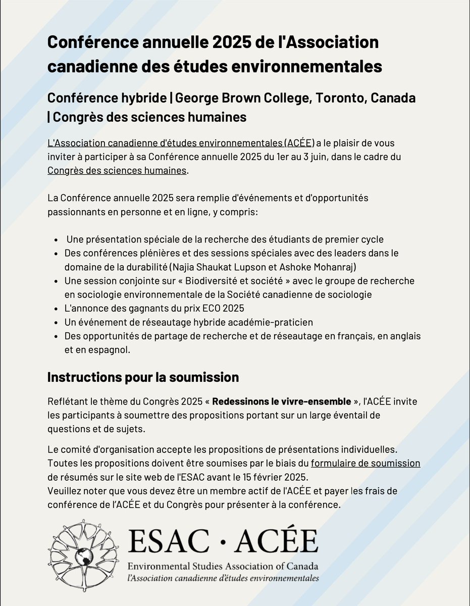 esaccanada's tweet photo. 🗓️New extended deadline for ESAC's CFP! February 15 

🗓️Date de soumission prolongée pour vos propositions à la conférence annuelle de l'ACÉE ! 15 février https://t.co/E6vtUMKSVL