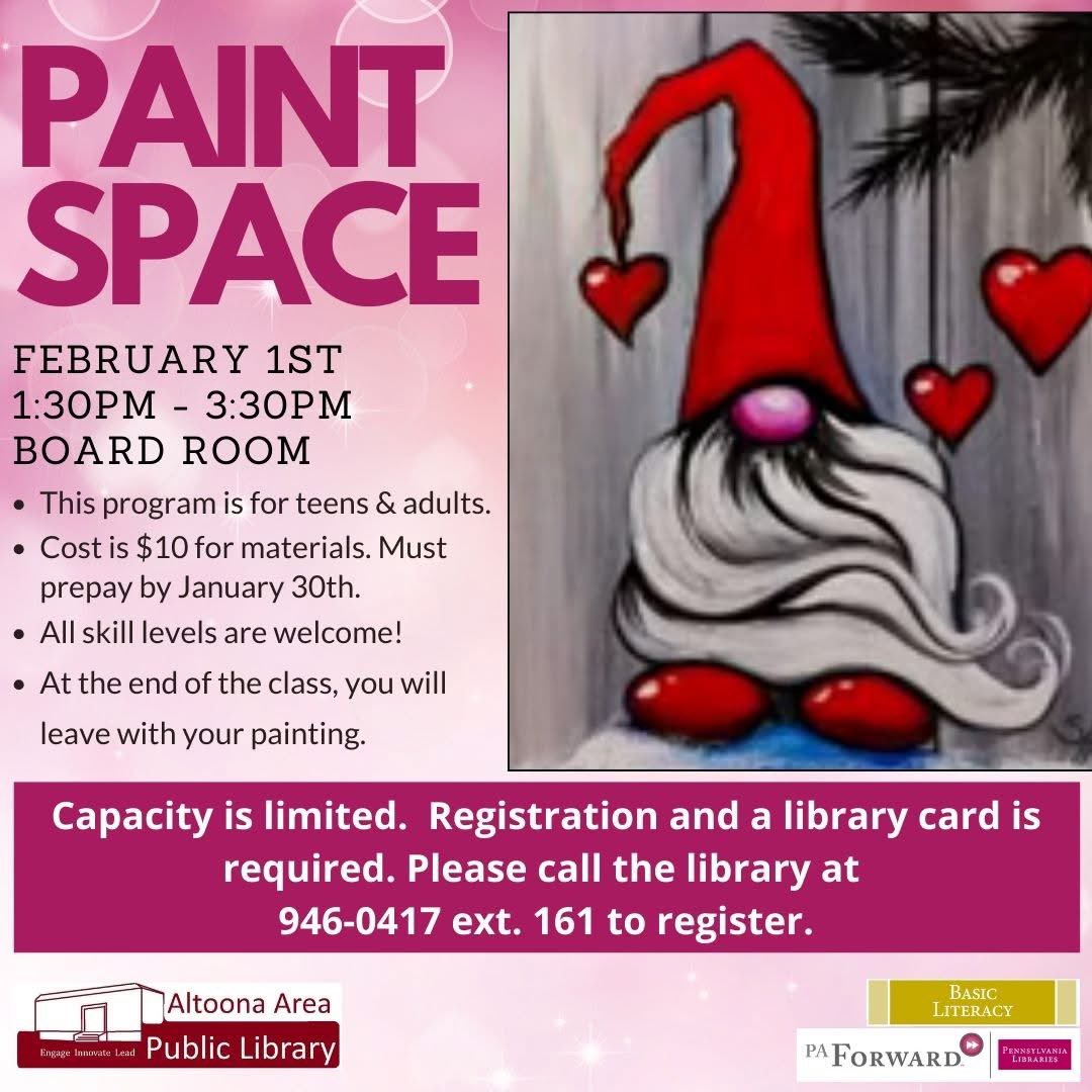 altoonalibrary's tweet photo. 🥰😍🩷 We are in love with the next Paint Space! 🥰😍🩷
Join us to create your own painting at PAINT SPACE on February 1st from 1:30pm - 3:30pm!
This program is for teens & adults. Cost is $10, due by January 30th. Call 814-946-0417 ext 161 to register.
#paintspace #painting https://t.co/nxK0tTG8ht