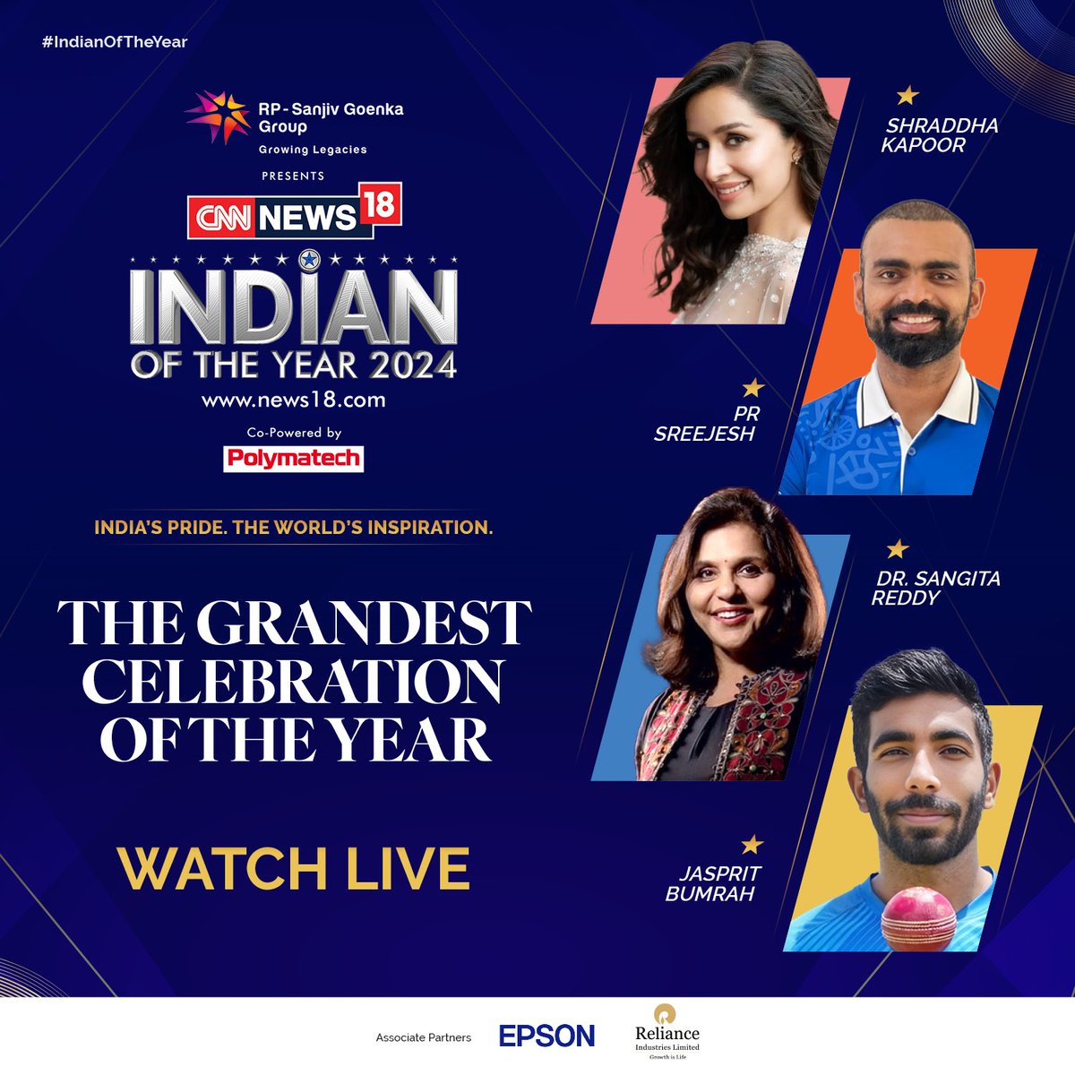 CNN-News18 पर अद्भुत पल
 #IndianOfTheYear पुरस्कार देख रहा हूँ। इस वर्ष इतने सारे अविश्वसनीय नामांकित व्यक्तियों में, केवल एक को चुनना कठिन होगा। यह देखना अपने आप में बहुत ही रोचक होने जा रहा है आज रात कौन प्रतिष्ठित खिताब घर ले जाएगा देखते है।