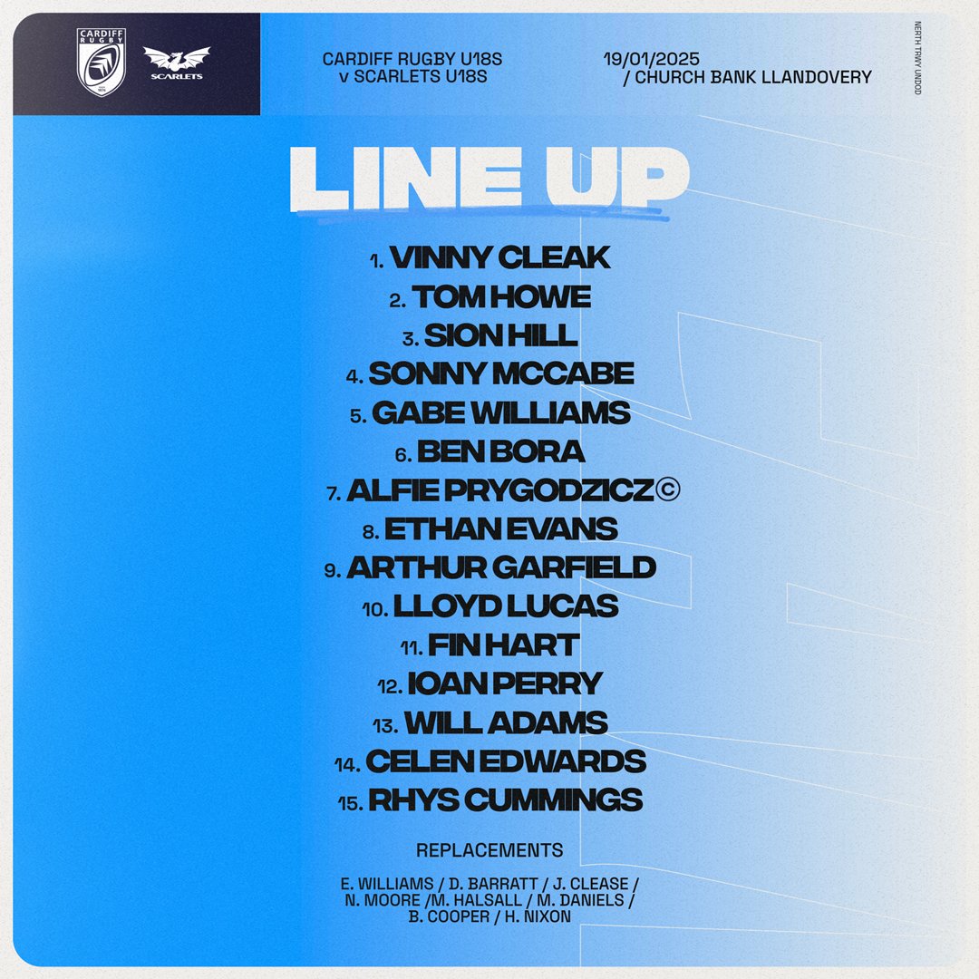 Here's the Cardiff U18s Team to face the Scarlets this coming Sunday. 

Read all about it here 🔽

cardiffrugby.wales/news/cardiff-r…

#AlwaysCardiff