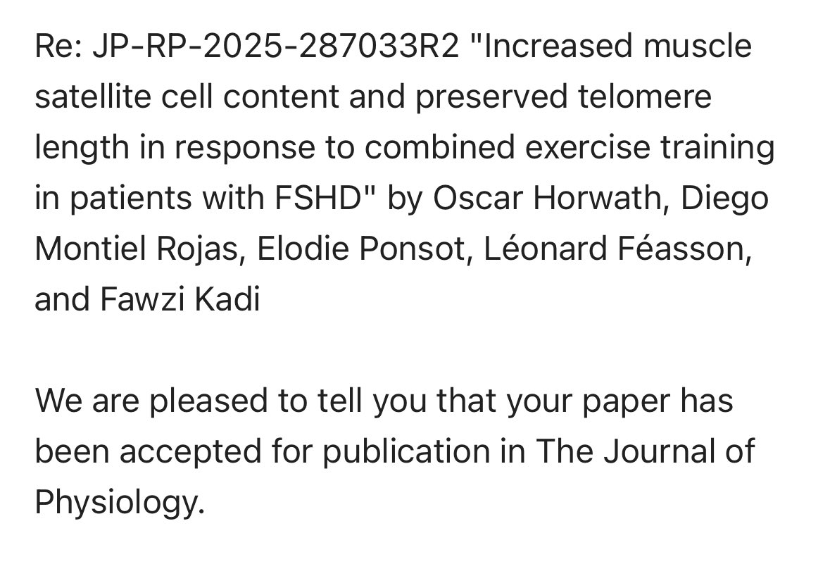 Oscar Horwath, PhD (@horwathoscar) on Twitter photo Nice way to end the week. This has truly been a passion project of mine and I’m really pleased to finally see it accepted
Increased muscle satellite cell content and preserved telomere length in response to combined exercise training in patients with FSHD
Soon in <a href="/JPhysiol/">Journal of Physiology</a> Nice way to end the week. This has truly been a passion project of mine and I’m really pleased to finally see it accepted
Increased muscle satellite cell content and preserved telomere length in response to combined exercise training in patients with FSHD
Soon in <a href="/JPhysiol/">Journal of Physiology</a>