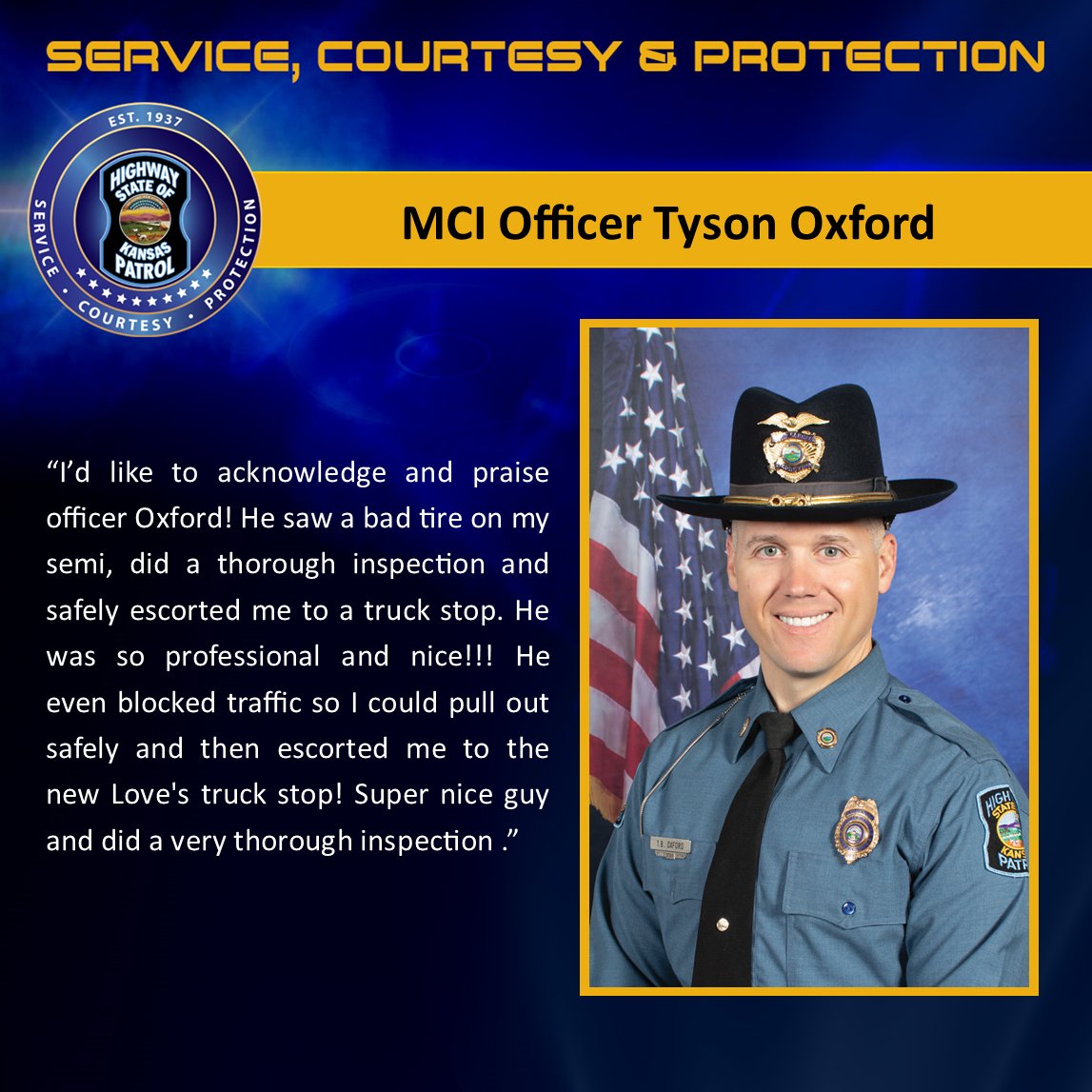 kshighwaypatrol's tweet photo. A special thank you to MCI Officer Tyson Oxford for helping a motorist experiencing tire issues on the highway.
It's our honor to provide quality Service, Courtesy, and Protection to everyone across the state of Kansas!
#ServiceCourtesyProtection https://t.co/Kxqt1P4Fz1