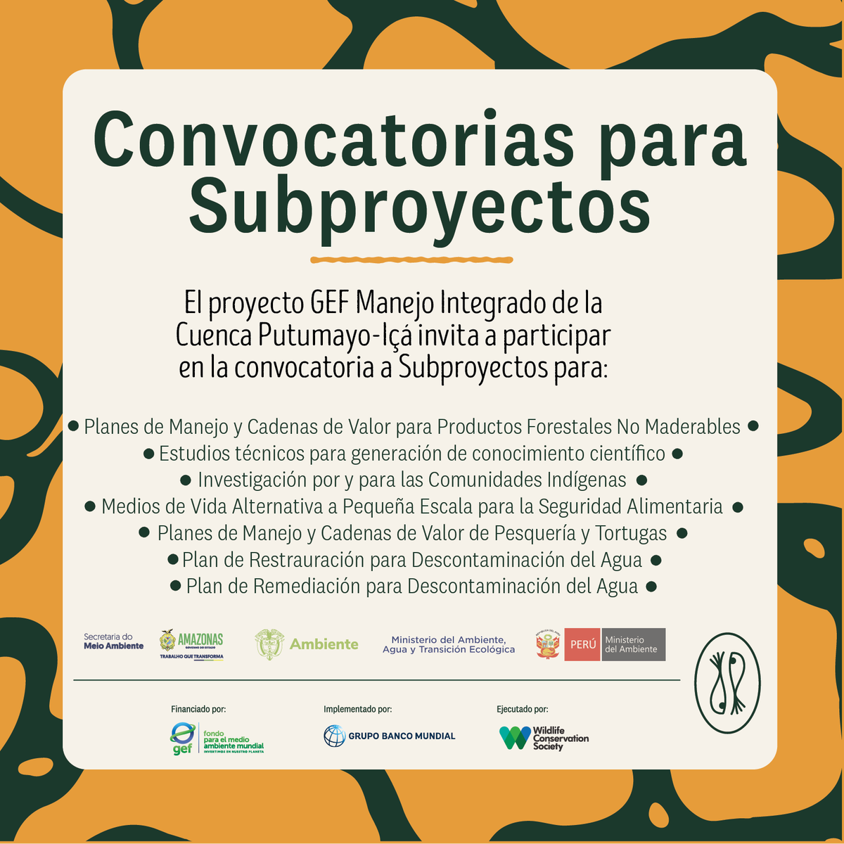 WCSColombia's tweet photo. 📢 ¡Oportunidad laboral!

 🙌Convocatoria abierta para subproyectos del Proyecto GEF Manejo Integrado de la Cuenca Putumayo-Içá

👁‍🗨Consulta los términos de referencia de tu interés: https://t.co/Qgs8l6F1Sd
 
⏳Cierre: 21 de febrero de 2025

#JuntosporlaVidaSilvestre 🐾 https://t.co/mOa1Rl78O9