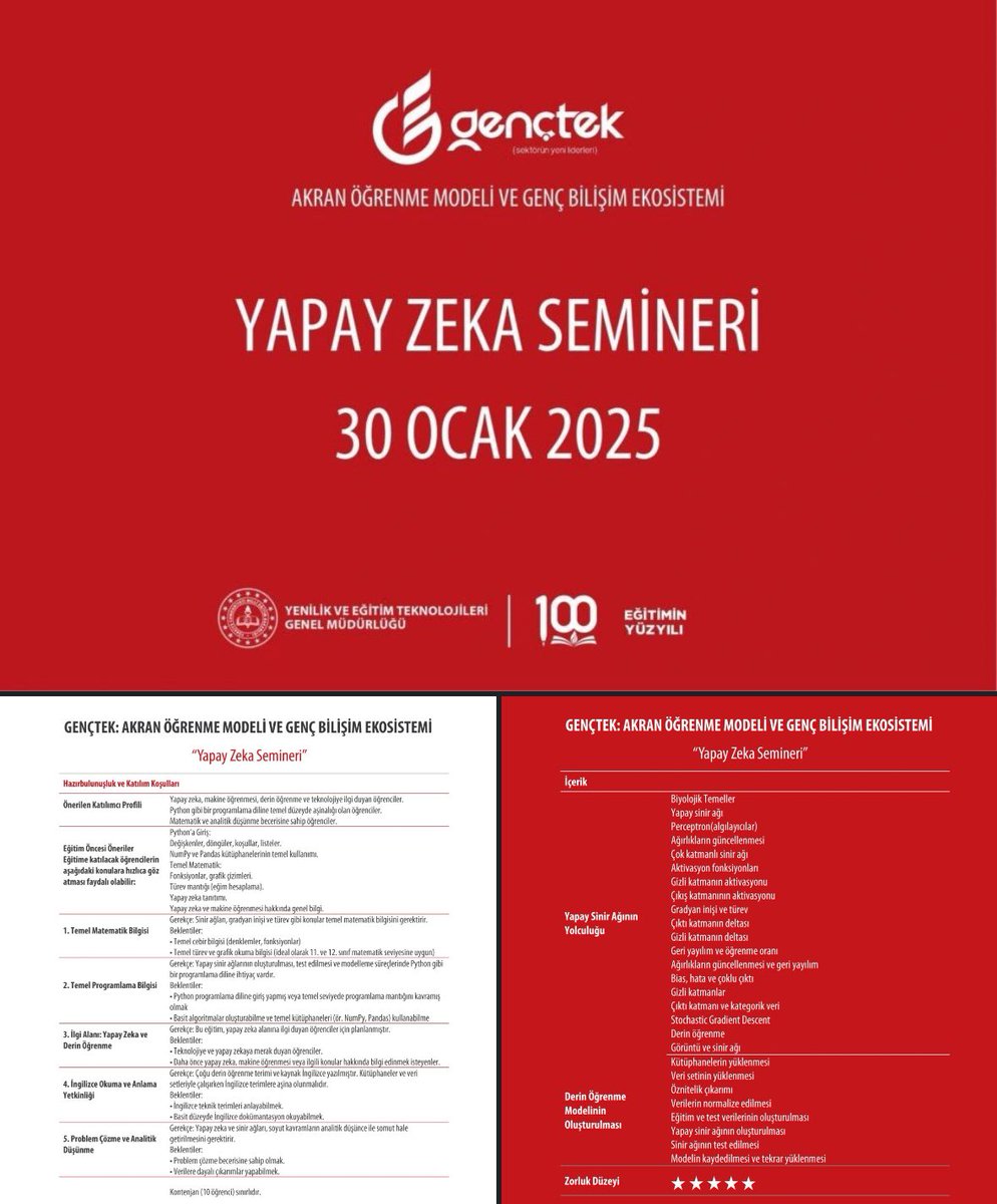 Alanımızda ilk defa içeriği gerçekten yapay zeka olan (yz araçları, yz’nin faydaları/zararları, eğitimde kullanmalı mıyız, zart zurt olmayan) bir etkinlik görüyorum. Tebrikler!