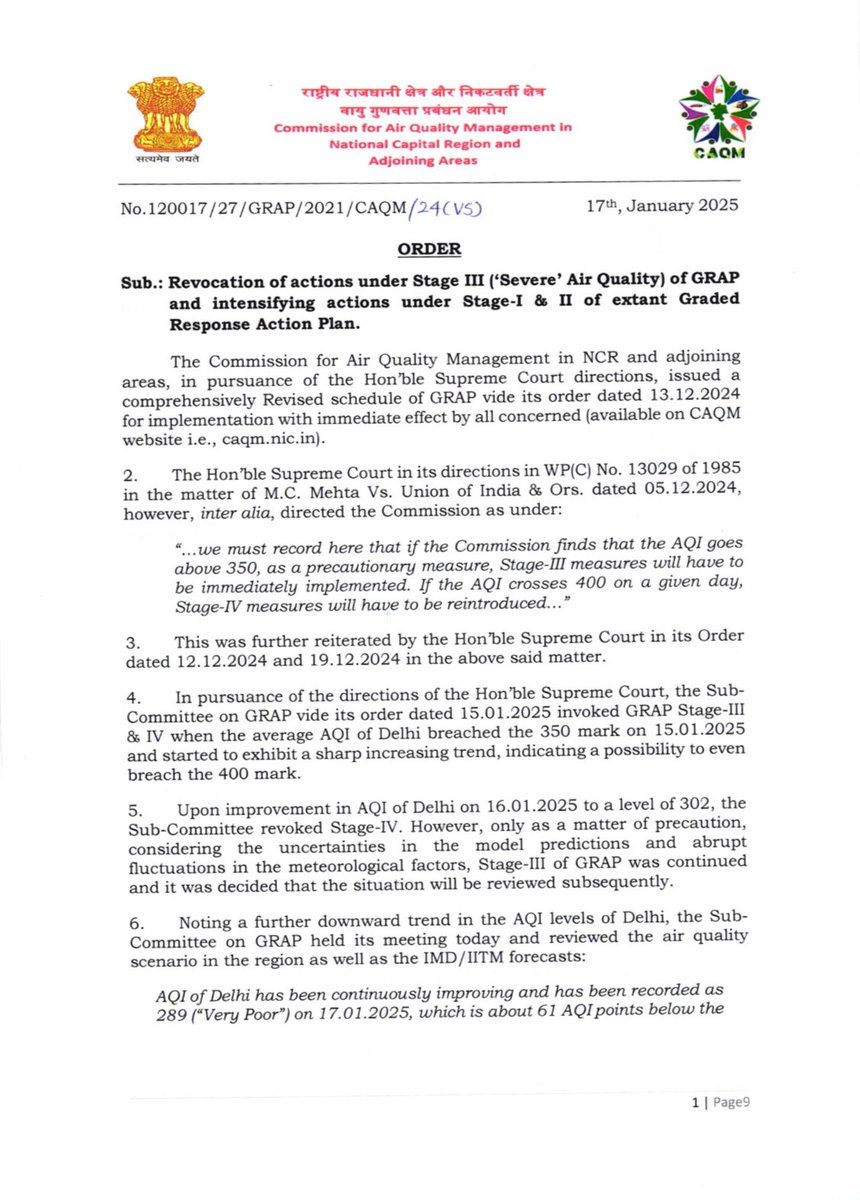 DC_Gurugram's tweet photo. 📢 CAQM Order Update | 17th January 2025 

CAQM Sub-Committee on GRAP revokes Stage-III of the extant schedule of GRAP in the entire NCR, with immediate effect.

For more details, visit: https://t.co/3UugzwqvmI

#AirQuality #DelhiNCR #GRAP #GRAPUpdate #PollutionControl #Environment #StaySafe #CAQM