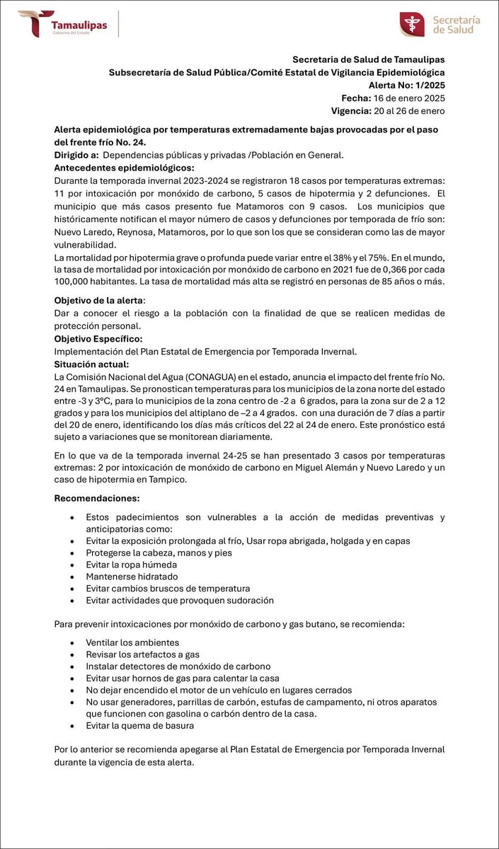 La Secretaría de Educación de Tamaulipas, atendiendo la 'Alerta epidemiológica No. 1 por temperaturas extremadamente bajas provocadas por el paso del frente frío No. 24',