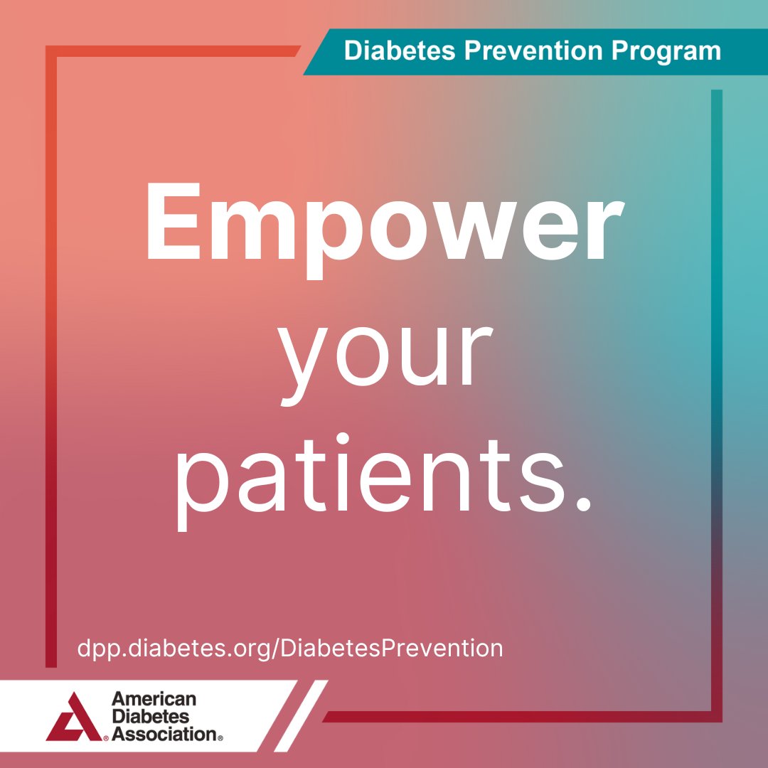 ADA_DiabetesPro's tweet image. Empower the patients you treat who are at risk for type 2 diabetes to find out if a National Diabetes Prevention Program is right for them. They can learn if they qualify by visiting dpp.diabetes.org/DiabetesPreven…. #PreventDiabetes #DiabetesPreventionProgram