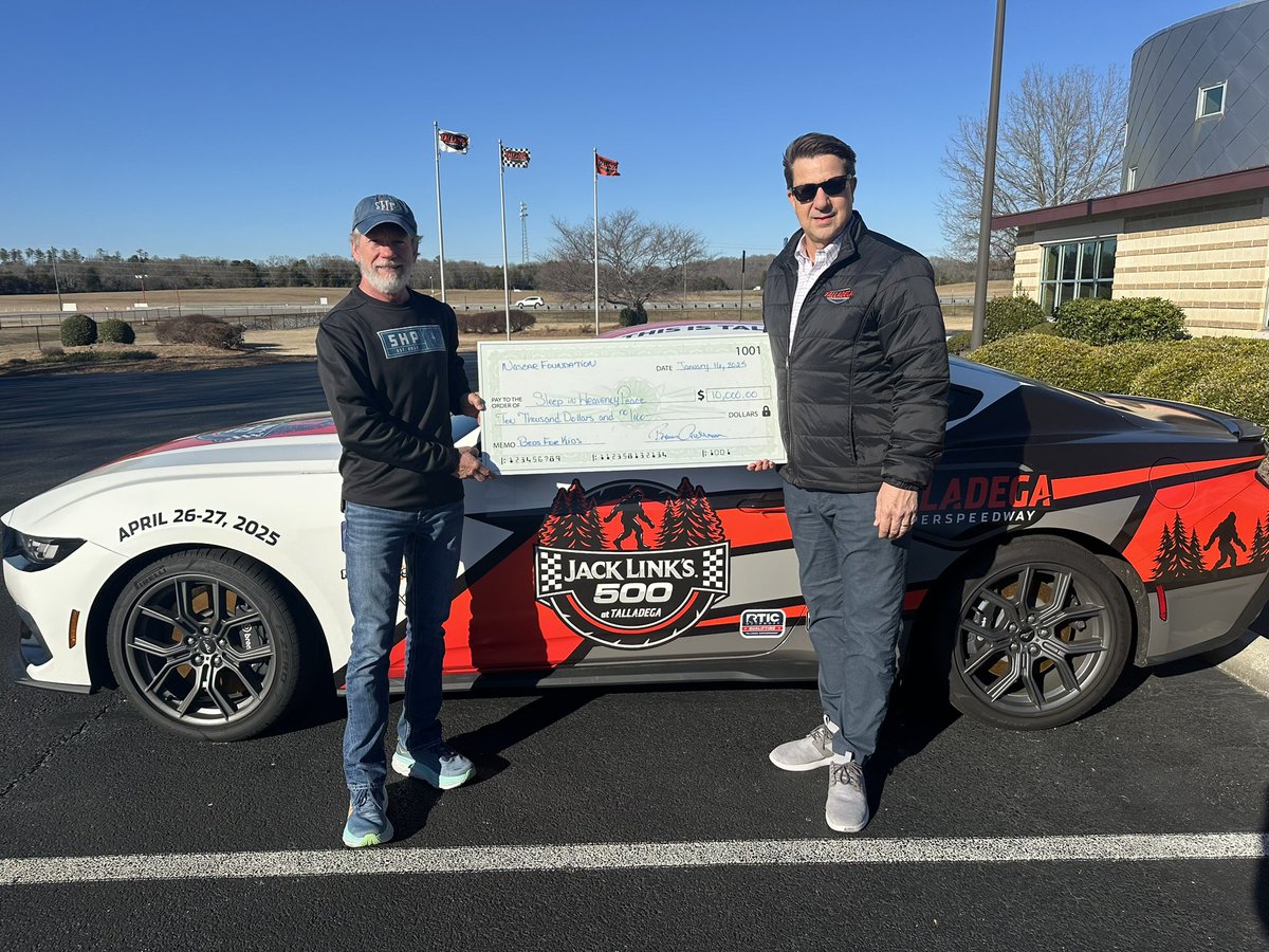 This morning, Talladega Superspeedway Track President, Brian Crichton, presented a $10,000 donation from the <a href="/NASCAR_FDN/">The NASCAR Foundation</a> to Tommy Goodman with <a href="/SHPbeds/">Sleep in Heavenly Peace</a>!

Sleep in Heavenly Peace is closing in on their milestone of providing 5,000 beds to those in need!