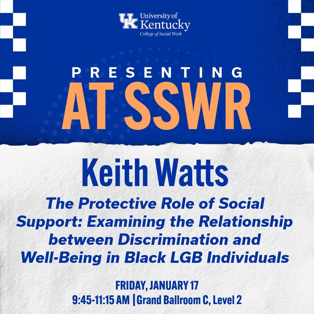 Keith Watts from UKY CoSW is presenting at <a href="/SSWRorg/">SSWR</a> !
📍 Topic: Social Support &amp; Well-Being in Black LGB Individuals
🗓️ Friday, Jan. 17 | 9:45–11:15 AM
📍 Grand Ballroom C, Level 2
Don’t miss this vital discussion on equity and mental health.
#SSWR2025 #UKYCoSW #UKSSWR2025