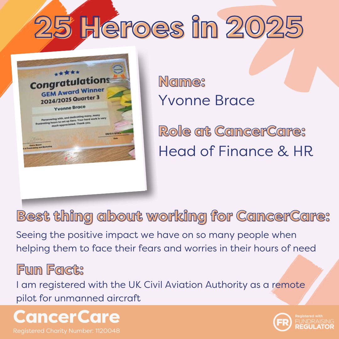 During 2025, we're shining a light on 25 heroes of CancerCare who have all made a significant difference to the lives of people who need it in their local community🥳 
1️⃣/2️⃣5️⃣ 
Yvonne is CancerCare's Head of Finance and HR and first Hero of 2025! 

Thanks Yvonne, you're a hero!