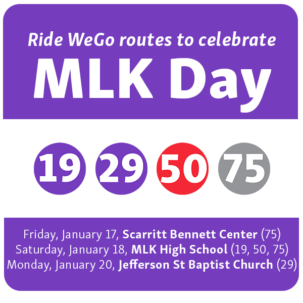 Roll with WeGo to Nashville MLK events! 🚍💪 Don’t forget to use the transit app to plan your trip and stay on track for all the celebrations. For full event details, visit the link! 

#MLKDay #NashvilleEvents #WEGO #MLK2025

mlkdaynashville.com
