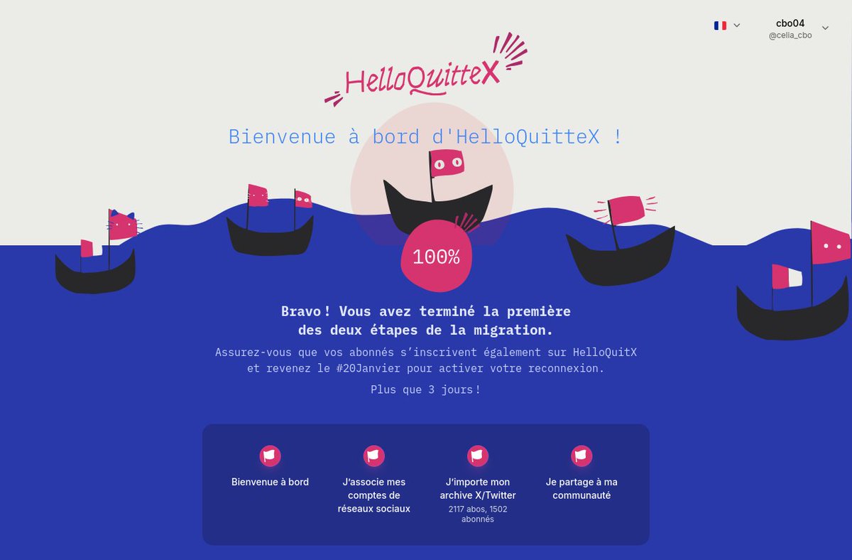 Je viens de faire mon #eXit ! Grâce à #HelloQuitX  j’ai inscrit 3619 nouveaux passagers pour voguer vers #BlueSky &amp; #Mastodon. Rdv lundi #20Janvier pour la suite avec <a href="/HelloQuitteX/">Escape-X FR</a> ⛵️