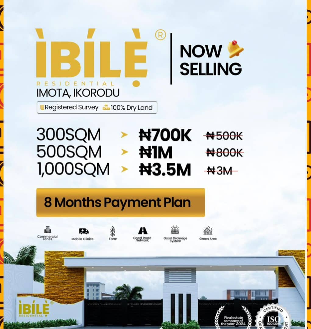 Land in Imota Ikorodu. 150sqm: ₦450K; 1 acre: ₦5.4m; 300sqm: ₦700K; 500sqm: ₦1m . Land for Sale in Imota Ikorodu Lagos • Ibile Residential Estate

nigeriapropertymarketplace.com.ng/property/land/…