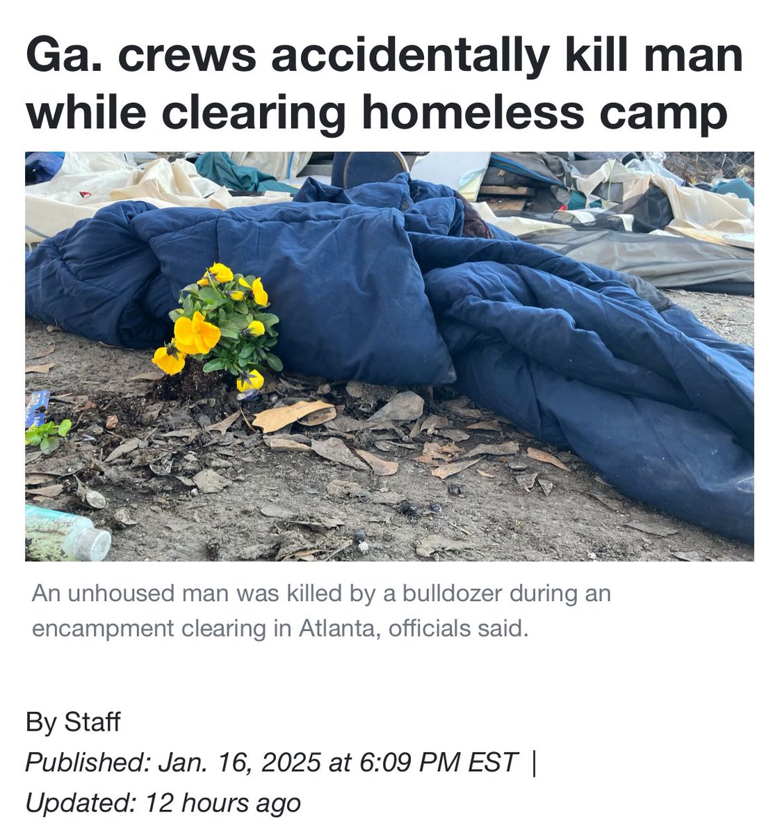 brian_goldstone's tweet photo. Yesterday, across from Ebenezer Baptist Church—just days before MLK Day, when crowds will gather to honor justice and equality—a homeless man was killed during an encampment sweep by an Atlanta city vehicle.

These sweeps are so cruel, brutal, and utterly counterproductive. https://t.co/IBiukDvcqq