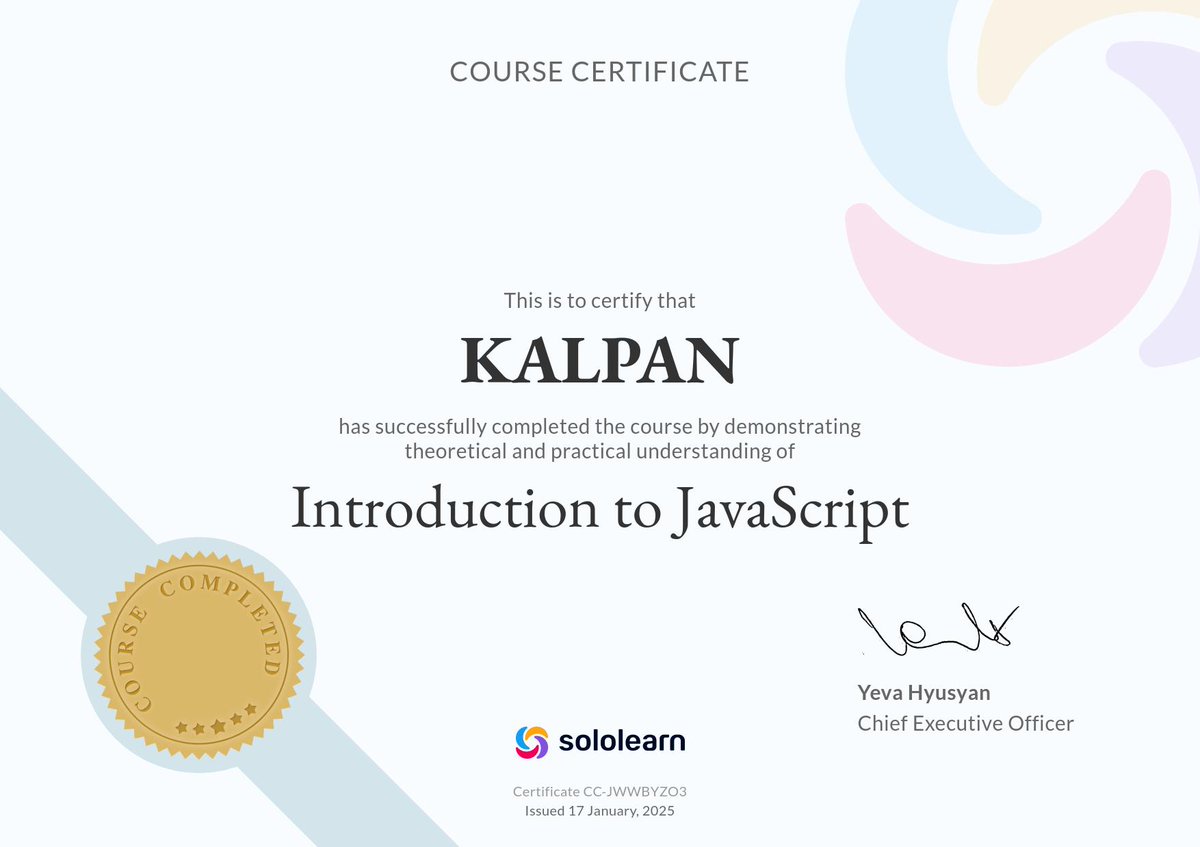 KalpanKaneriya's tweet photo. 🎉 Just earned my JavaScript Certification! 🚀 This milestone reflects my dedication to mastering modern web development. 
#JavaScript #WebDevelopment #CertifiedDeveloper #FrontendDeveloper #MERNStack #CareerGrowth #OpenToWork #WebDeveloper #TechSkills #Recruitment https://t.co/vW2opPkux6