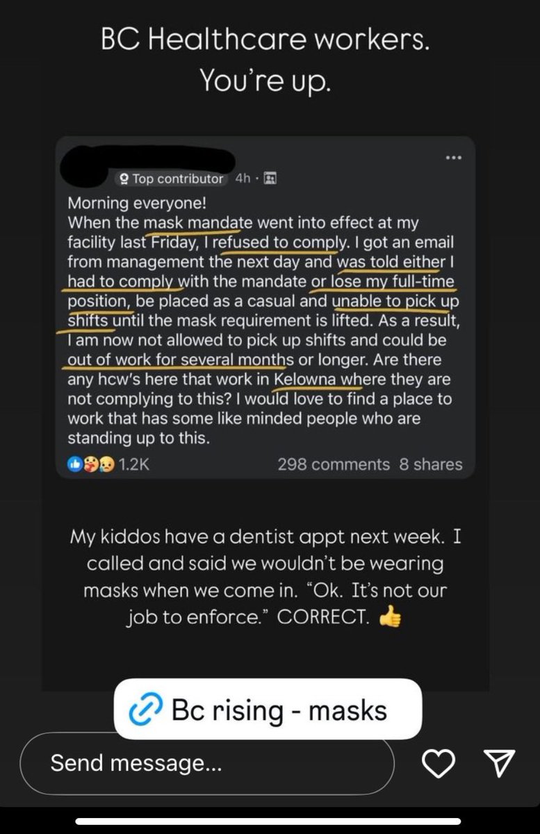 Mask mandates in full force in Kelowna BC.
Healthcare workers who refuse to comply with the mandate will lost their full time job and be placed as a casual worker &amp; will be unable to pick up shifts until the mask mandate is lifted. It’s unbelievable that this is still going on,