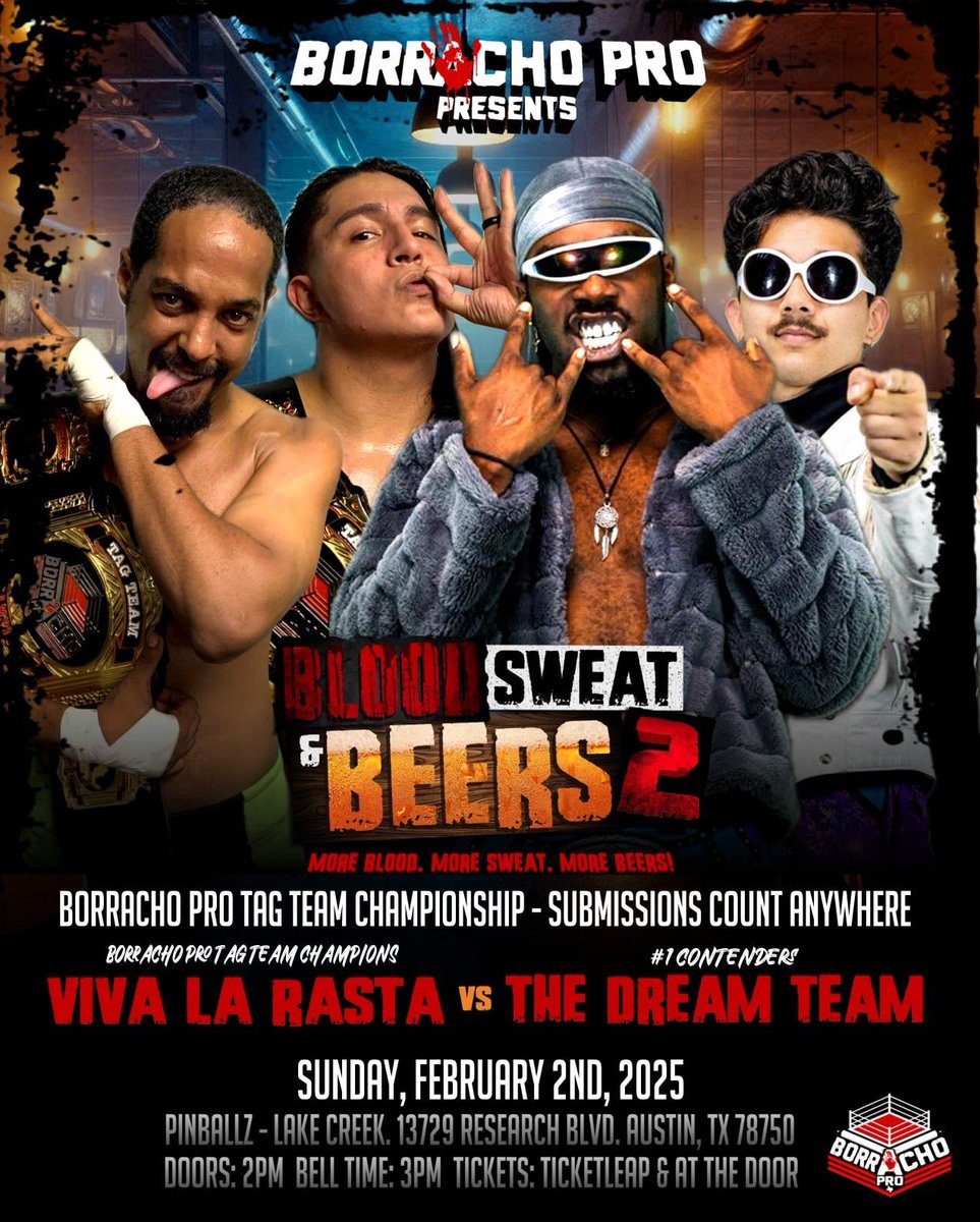 BorrachoProATX's tweet photo. Submissions can take place ANYWHERE at Pinballz when The Dream Team face Viva La Rasta! Tap in the ring, outside of the ring, outside in general. Scream I quit while in line for a beer, quit before you get run over by a go kart, just tap out! 
🎟️ https://t.co/uO7azirQAU https://t.co/JLWfSi7Lp3