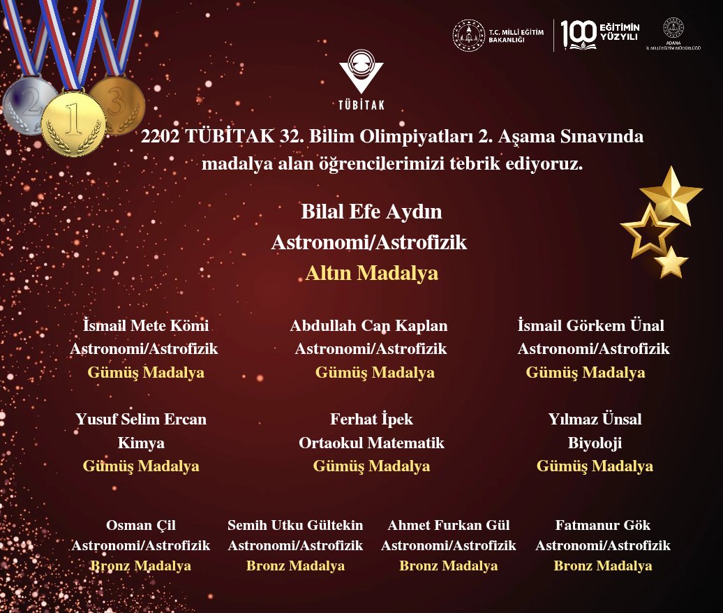 💫 32. Bilim Olimpiyatları İkinci Aşama Sınav Sonuçları açıklandı!

🏆 9 dalda 515 öğrencinin katıldığı sınavda ilimizden 11 öğrencimiz madalya kazandı.

👏 Madalya alan öğrencilerimizi tebrik ediyoruz.

<a href="/tcmeb/">Millî Eğitim Bakanlığı</a> 
<a href="/TubitakBIDEB/">TÜBİTAK BİDEB</a> 
<a href="/TCAdanaValiligi/">T.C. Adana Valiliği</a>
<a href="/AdanaMem/">Adana İl Millî Eğitim Müdürlüğü</a>